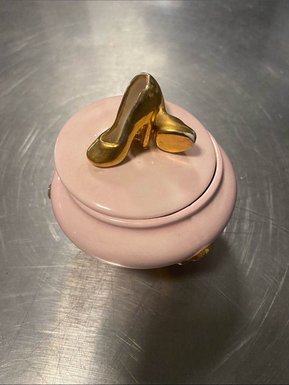 Vintage Ruth signed Pink Trinket Box with Gold High Heel Accent